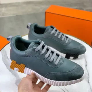 Hermès 灰橙混合皮革麂皮鞋面 锯齿边缝合 生活方式运动鞋