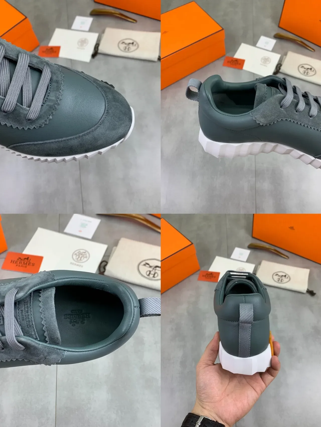 Hermès Gray Orange Mixed Leather And Suede Upper Serrated Edge Stitching Lifestyle Sneakers 2