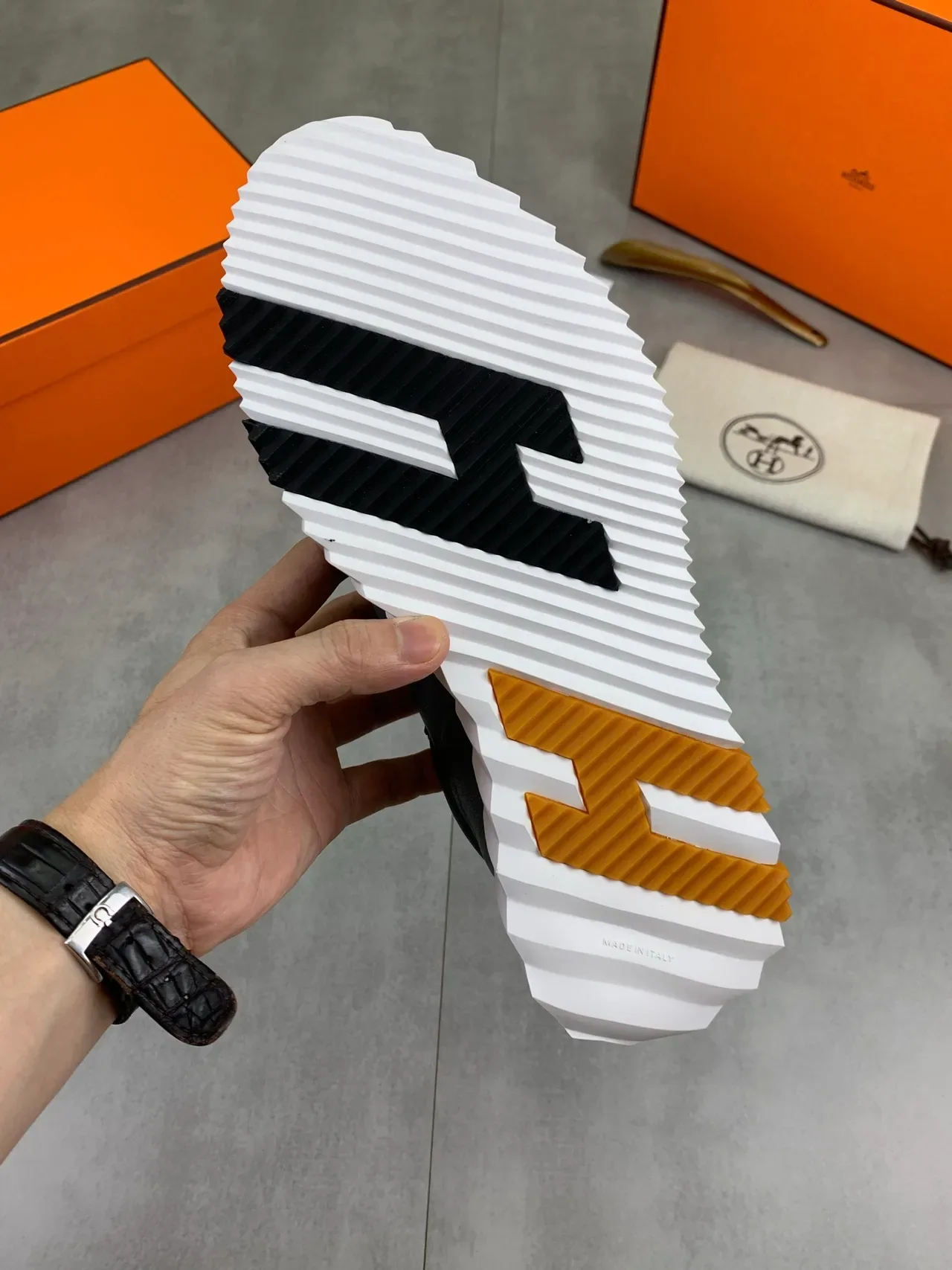 Hermès Gray Orange Mixed Leather And Suede Upper Serrated Edge Stitching Lifestyle Sneakers 3