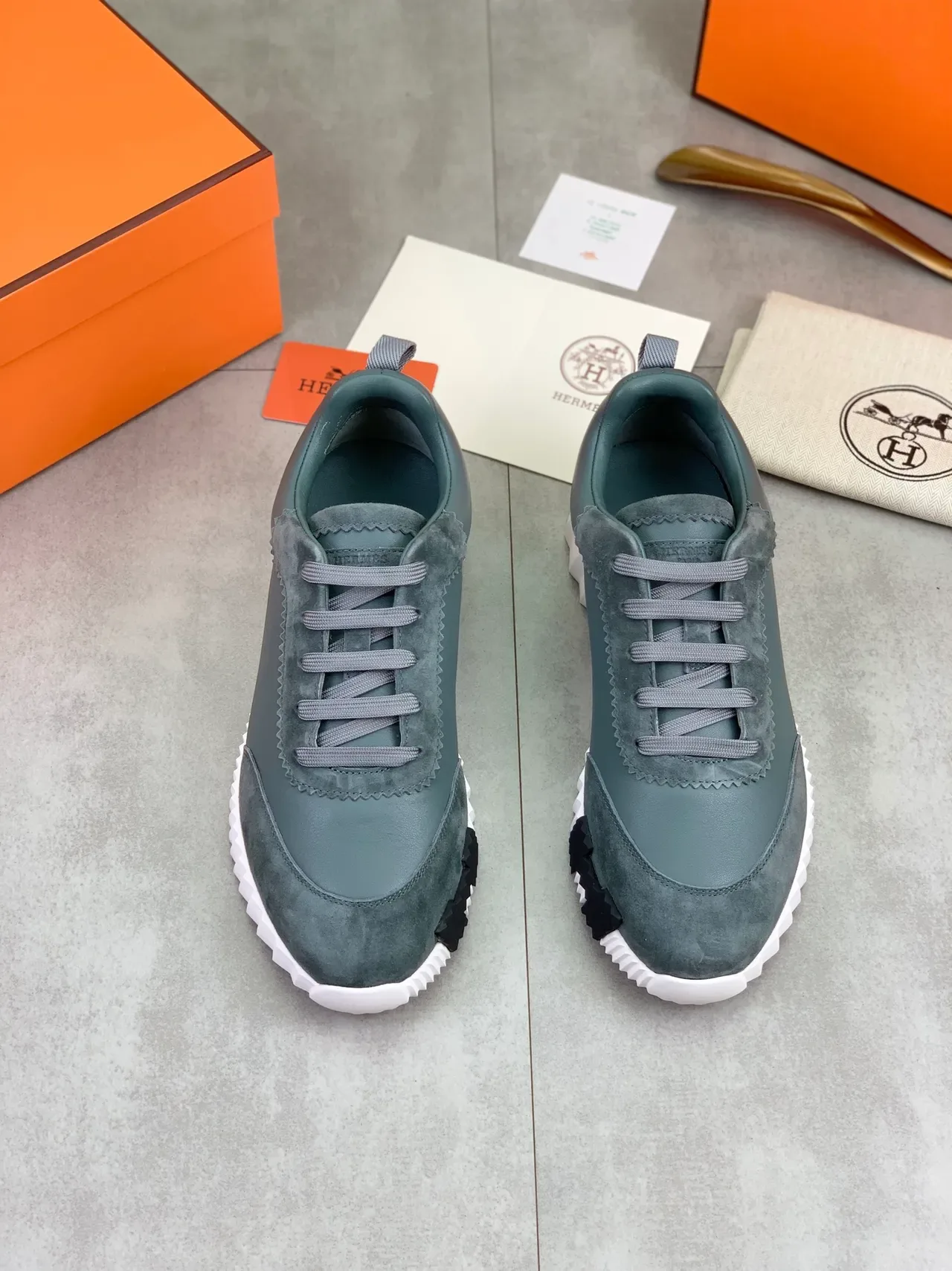 Hermès Gray Orange Mixed Leather And Suede Upper Serrated Edge Stitching Lifestyle Sneakers 4