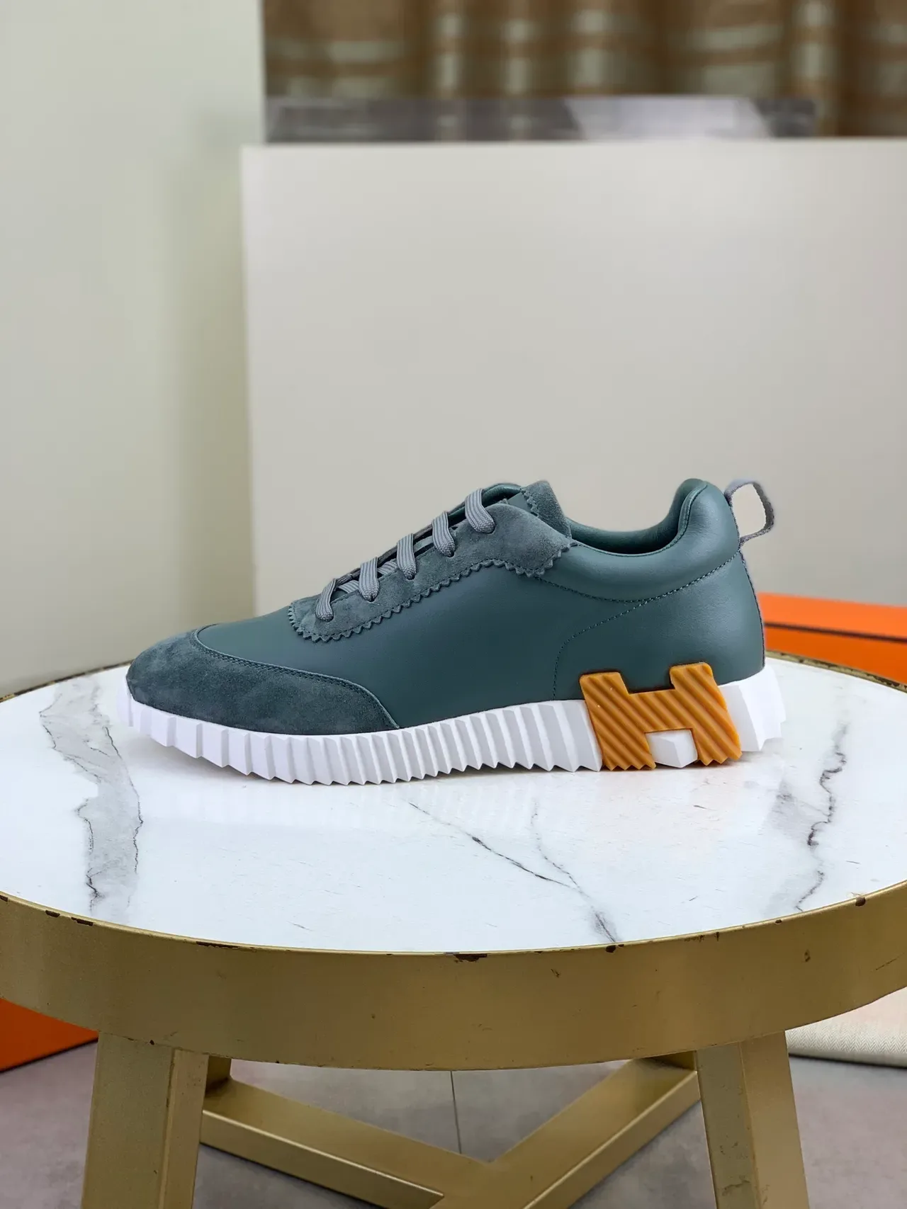 Hermès Gray Orange Mixed Leather And Suede Upper Serrated Edge Stitching Lifestyle Sneakers 5