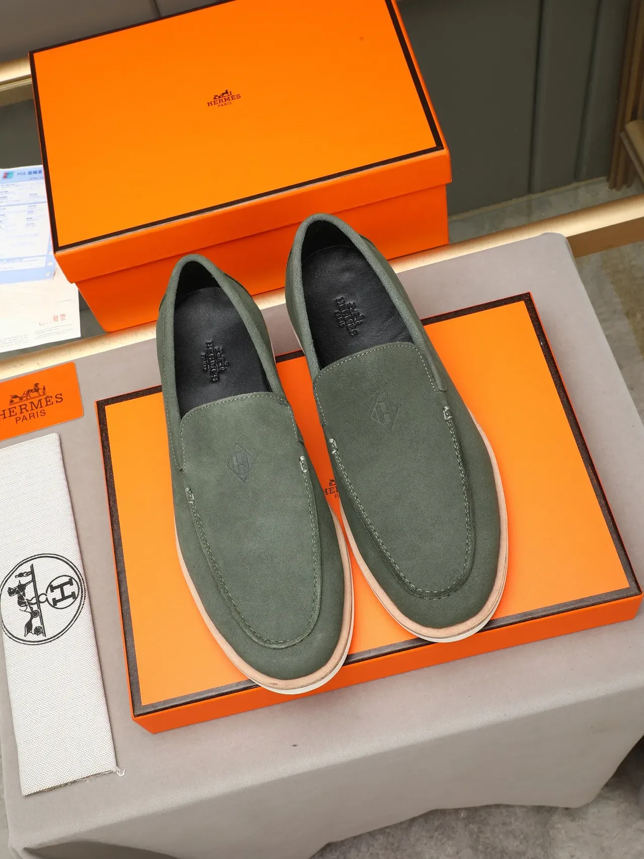 Hermès Green White Suede Upper Moccasin-Stitched Vamp Loafer 2