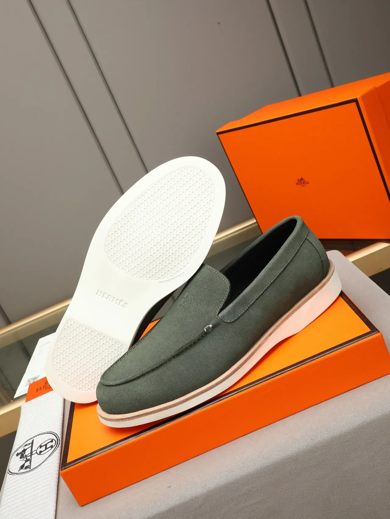 Hermès Green White Suede Upper Moccasin-Stitched Vamp Loafer 4