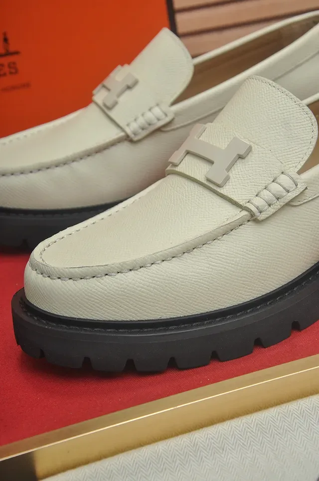 Hermès H-Buckle Loafer Beige Black Hardware Textured Leather Loafer 2