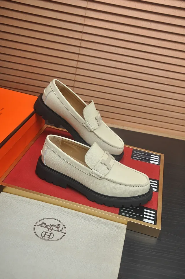 Hermès H-Buckle Loafer Beige Black Hardware Textured Leather Loafer 4
