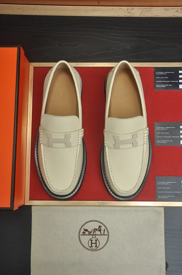 Hermès H-Buckle Loafer Beige Black Hardware Textured Leather Loafer 5