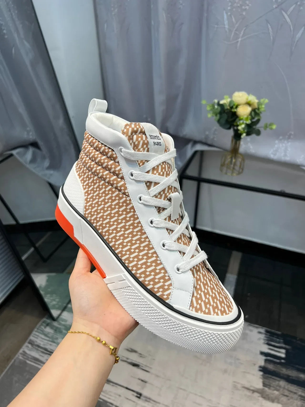 Hermès H Cut Geometric Pattern Beige and White Lifestyle Sneakers 6