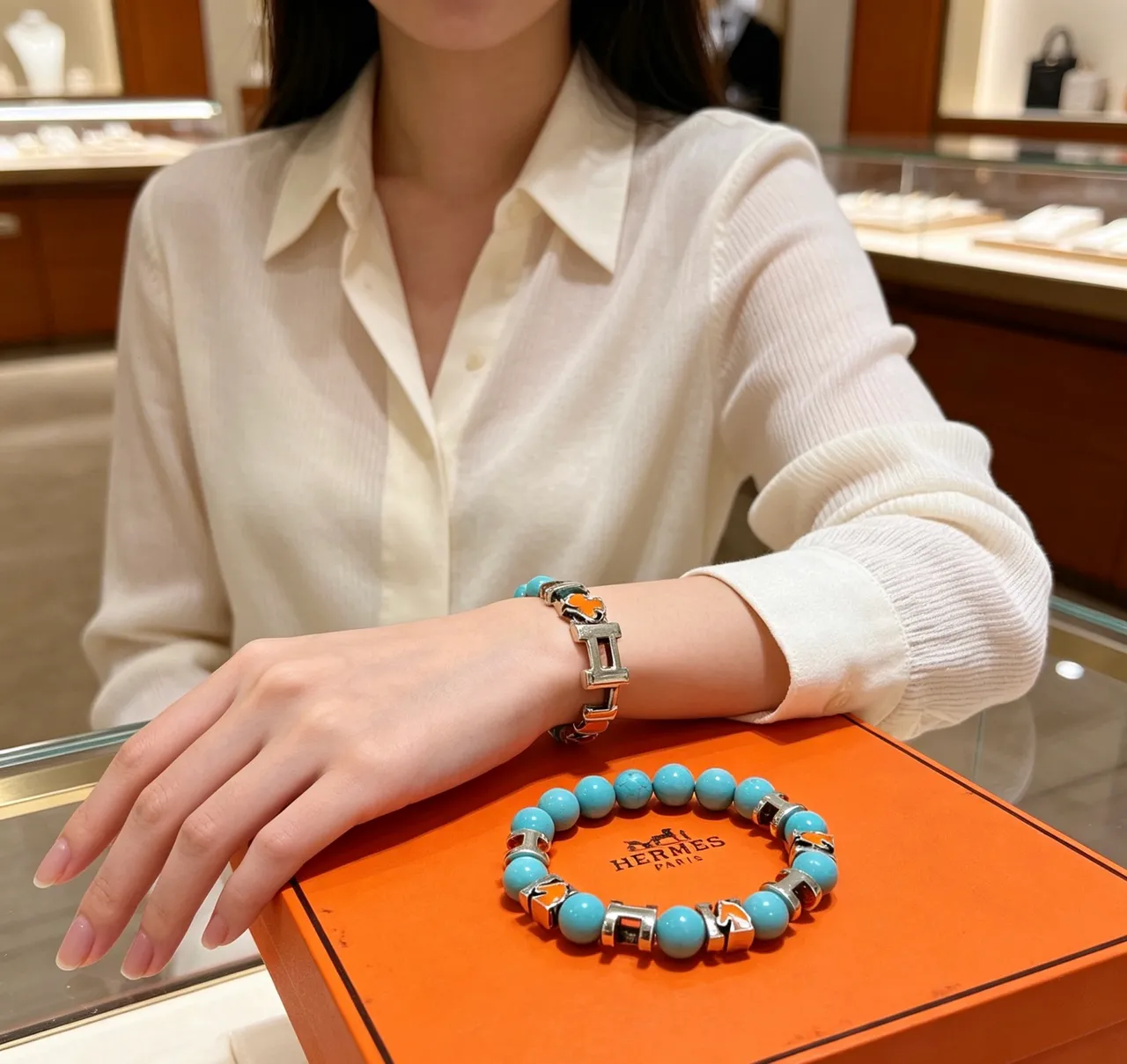Hermès H-Link سوار أزرق برتقالي بتصميم خرزي 5