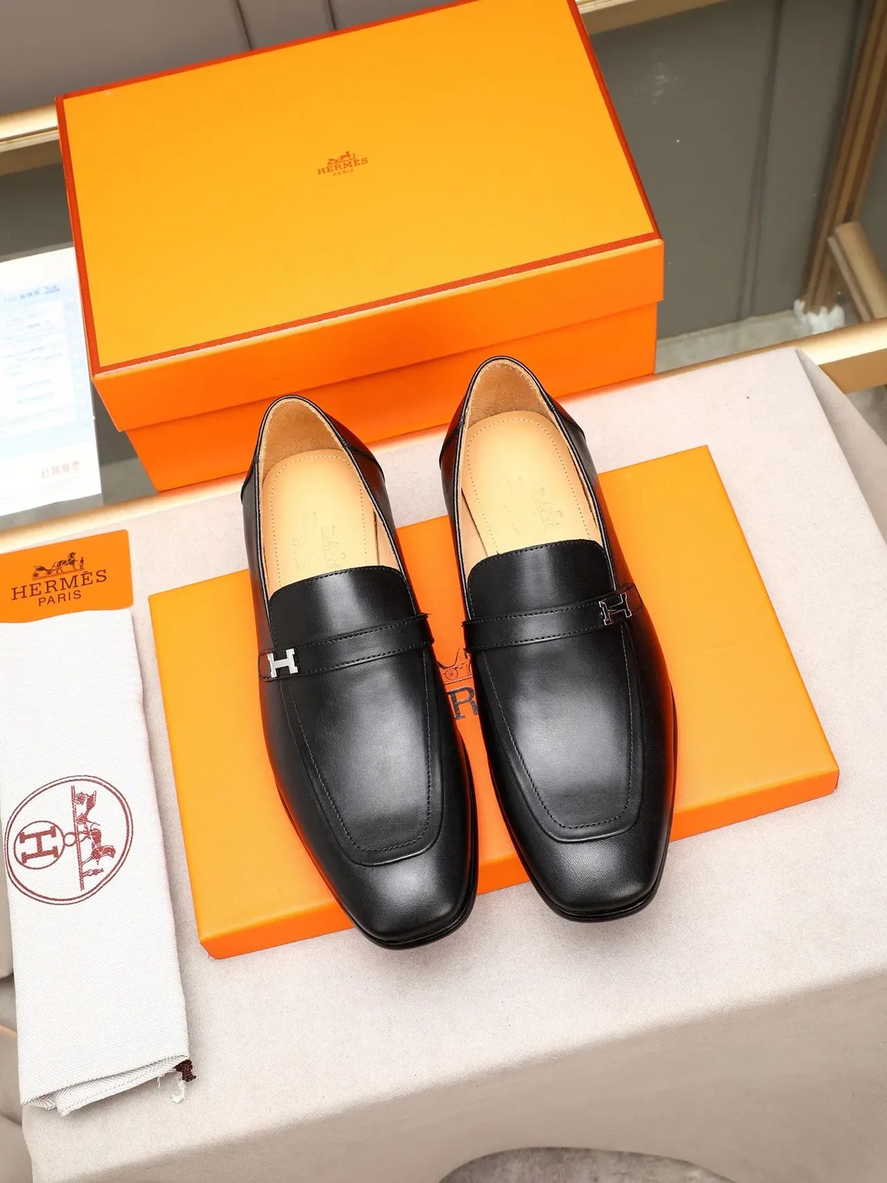Hermès H Loafer Black Leather Tan Lining Loafers 3