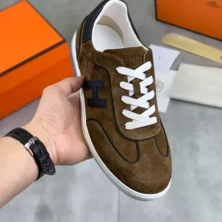 Hermès H Logo 棕色麂皮 白色鞋带 生活方式运动鞋