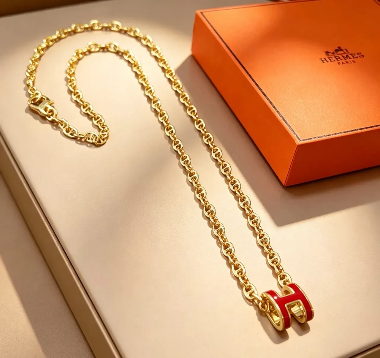 Hermès H Pendant Gold Red Mariner-Link Chain Enamel-Filled Necklace 4