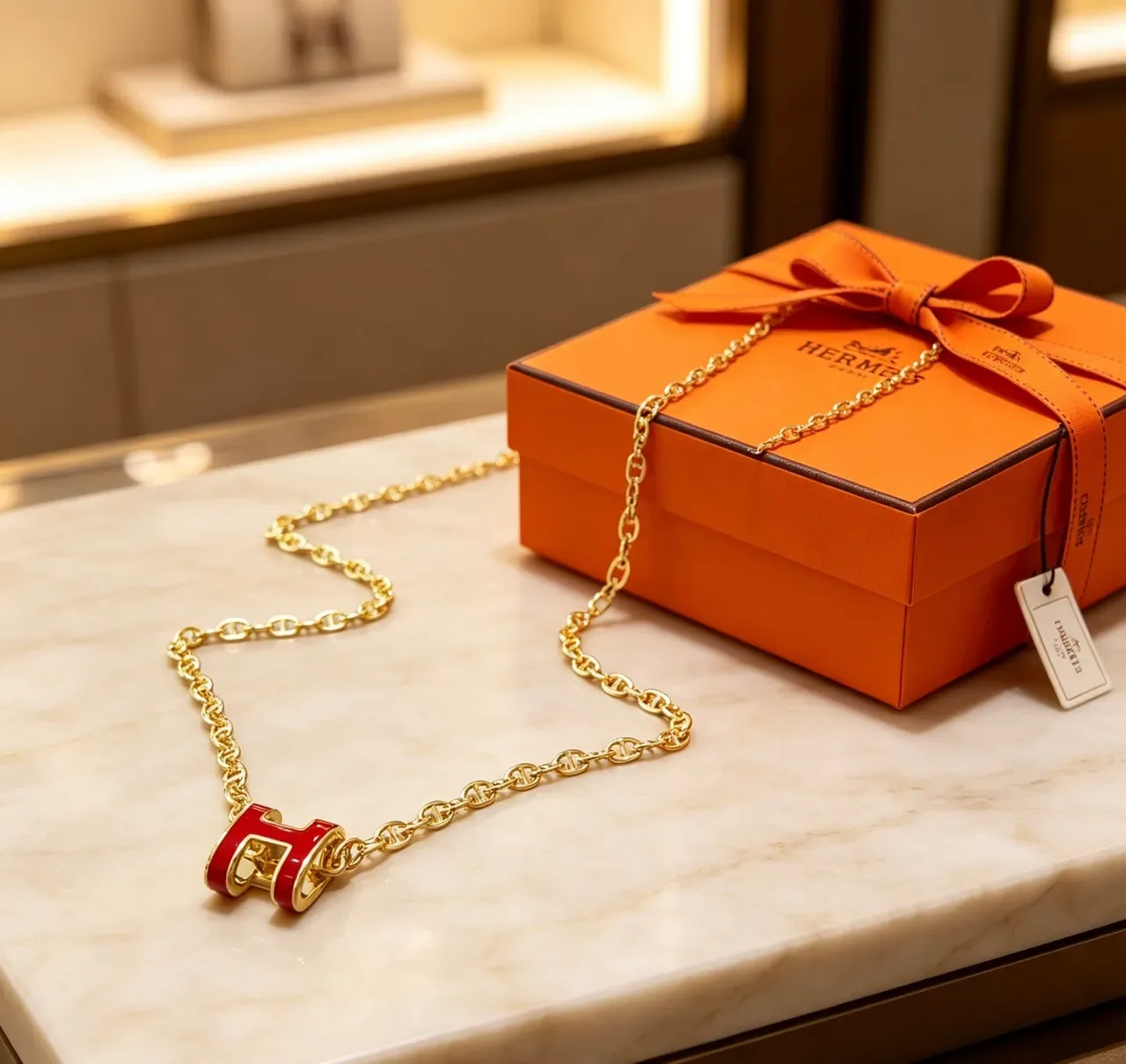 Hermès H Pendant Gold Red Mariner-Link Chain Enamel-Filled Necklace 6