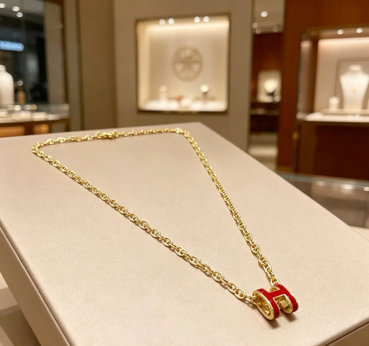 Hermès H Pendant Gold Red Mariner-Link Chain Enamel-Filled Necklace 7