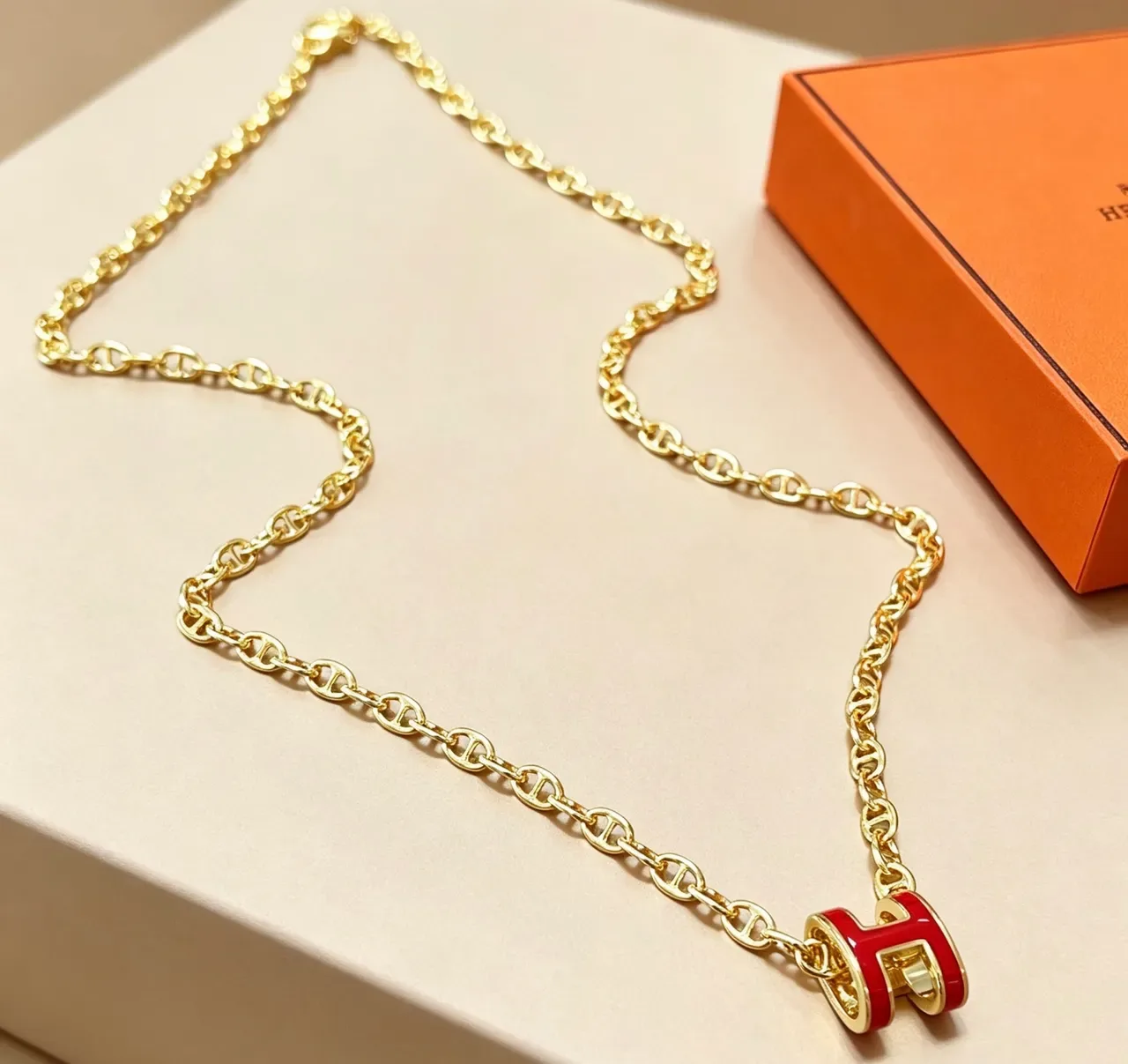 Hermès H Pendant Gold Red Mariner-Link Chain Enamel-Filled Necklace 9