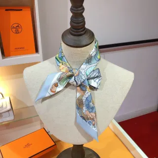 Hermès Motif illustré Bord bleu clair Écharpe en soie