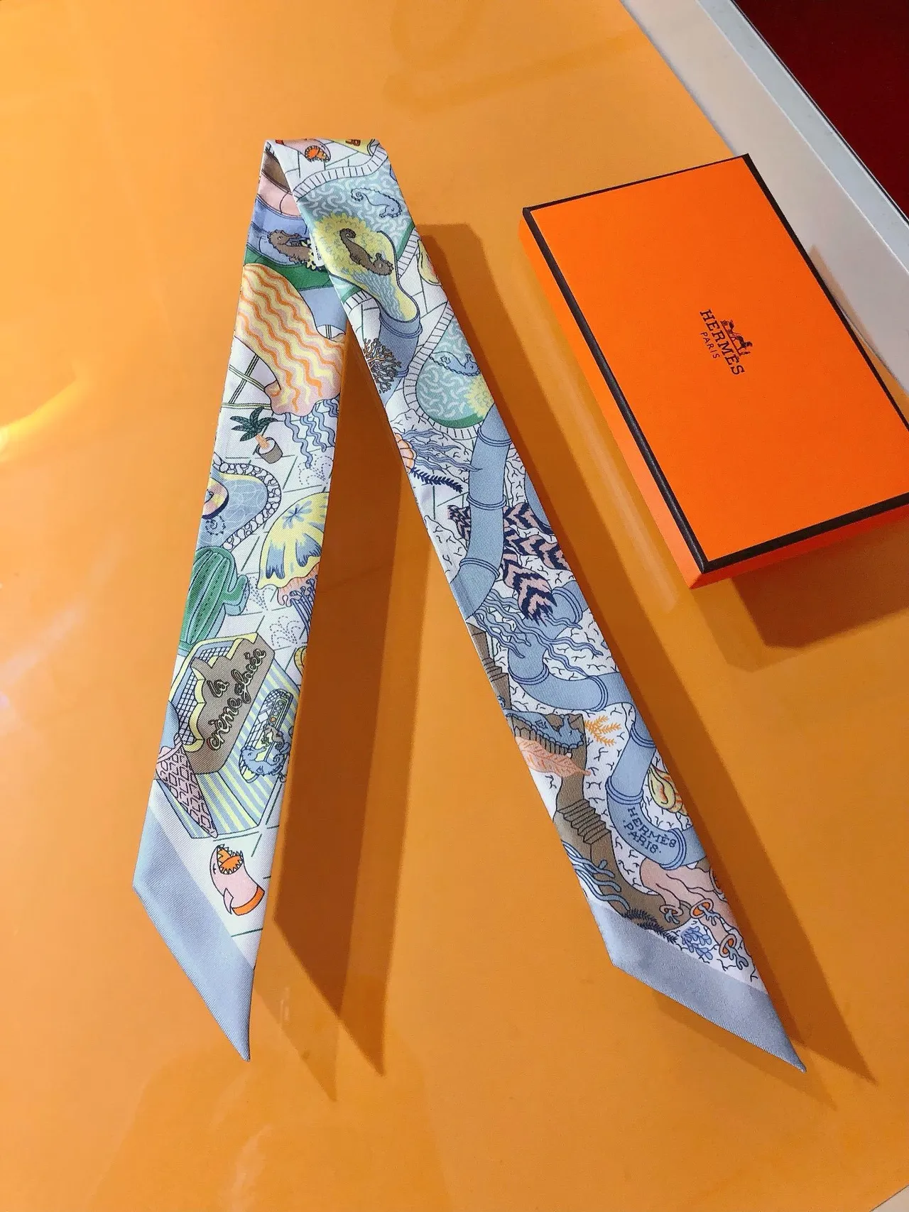 Hermès Illustrated Motif Light Blue Border Silk Scarf 5
