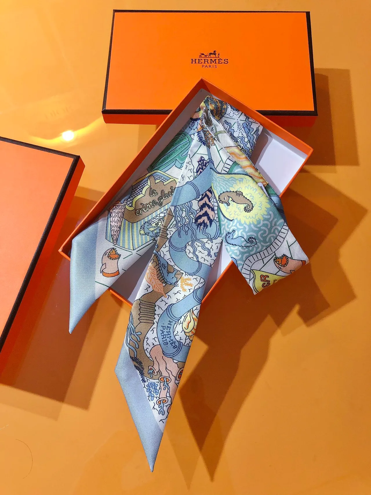 Hermès Illustrated Motif Light Blue Border Silk Scarf 6
