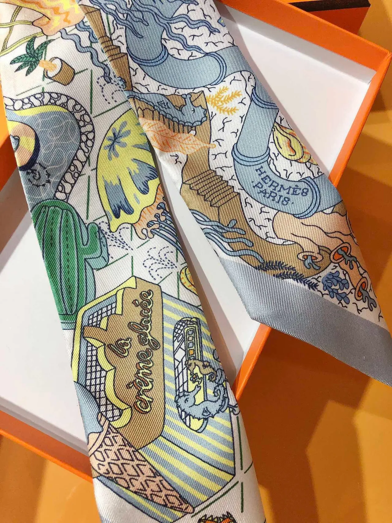 Hermès Illustrated Motif Light Blue Border Silk Scarf 8
