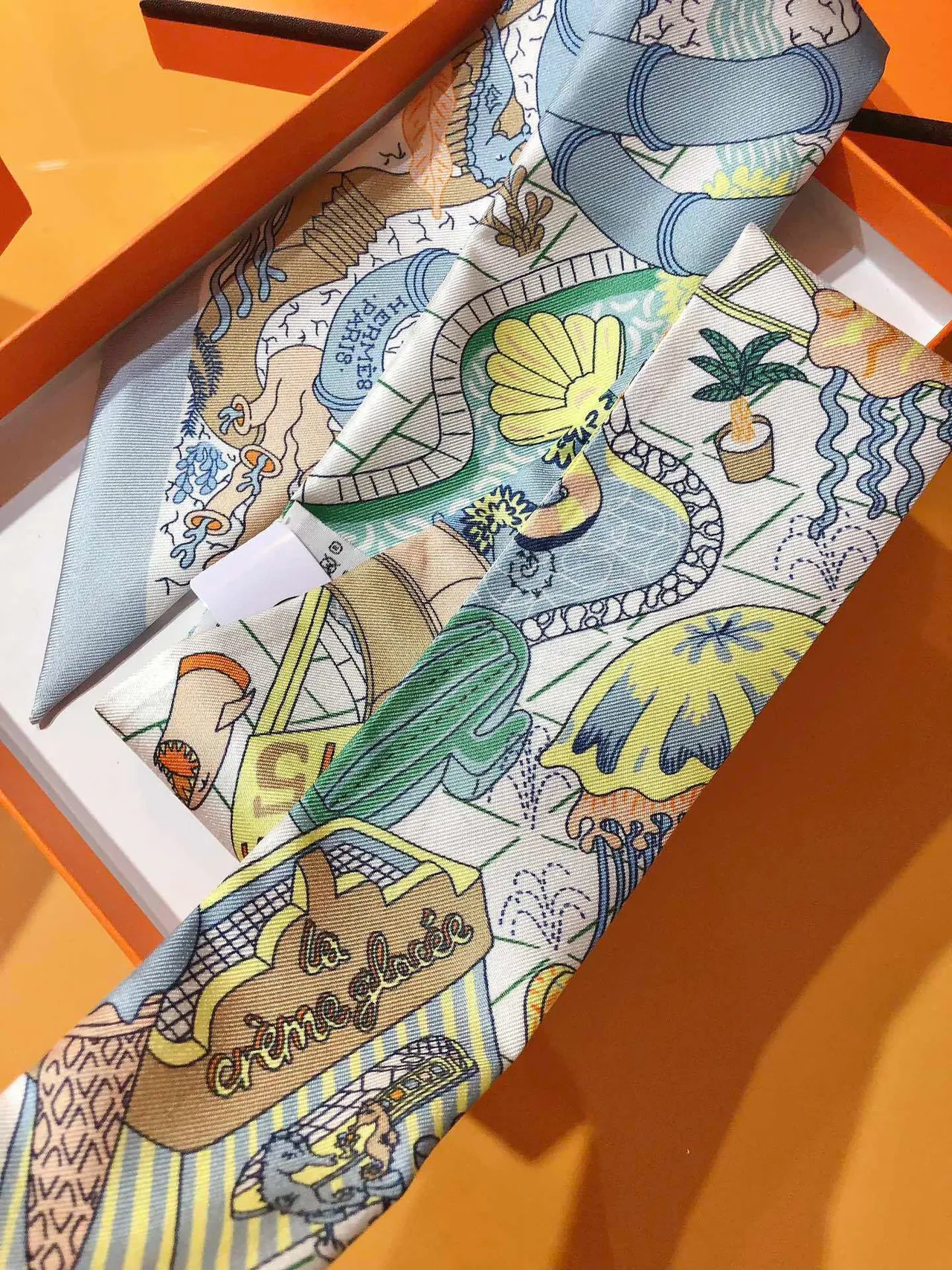Hermès Illustrated Motif Light Blue Border Silk Scarf 9
