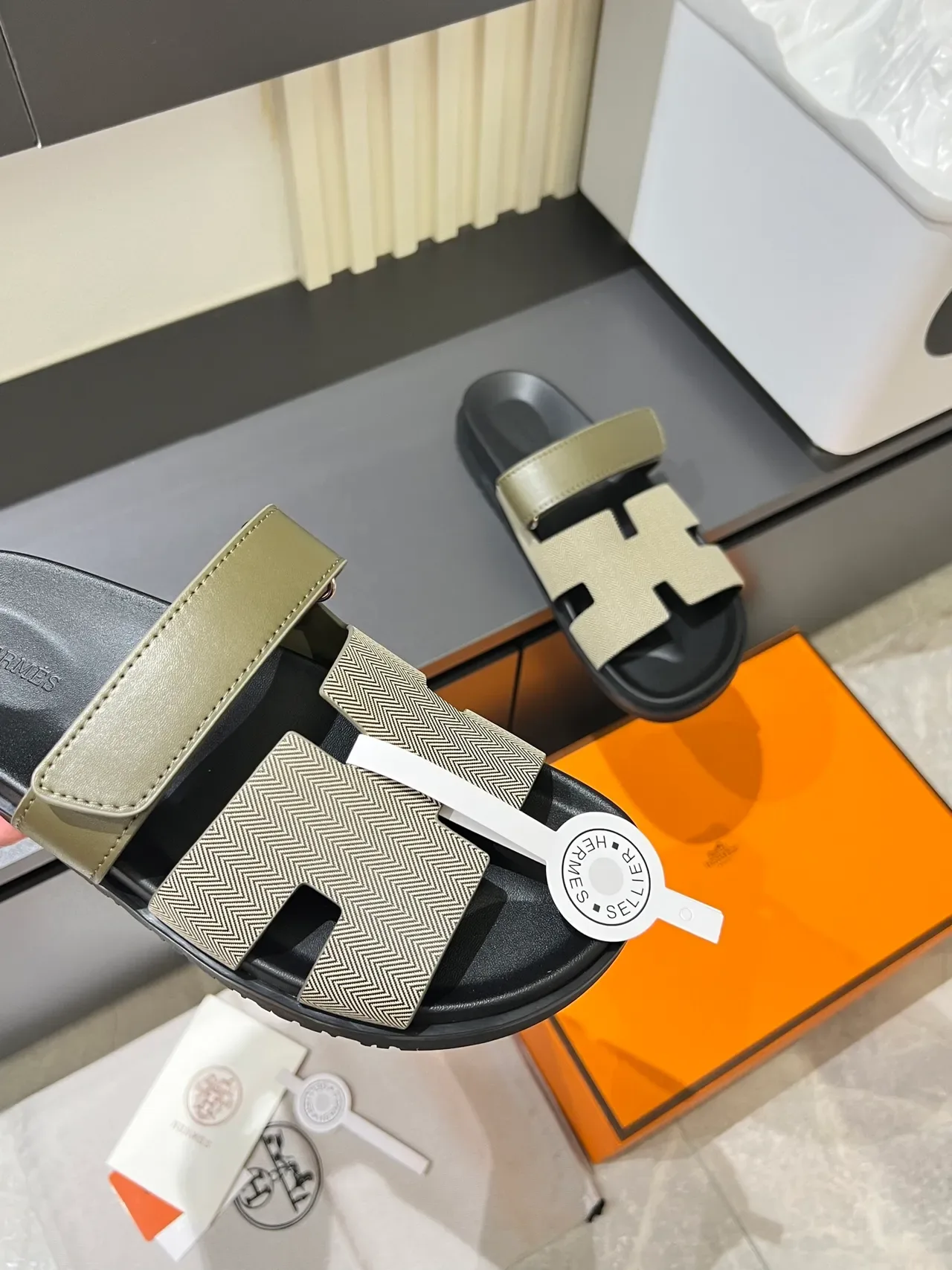 Hermès Oran Black Brown Double-Strap H-Motif Cutout Slippers 3