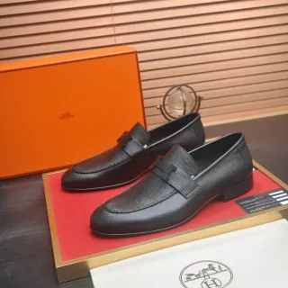 爱马仕 Oran 黑色纹理皮革 H-Buckle 乐福鞋