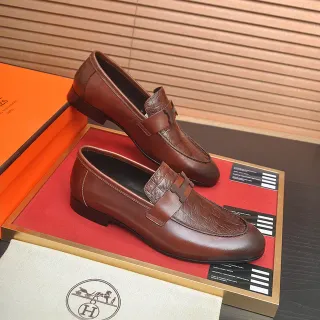 Hermès Oran 棕色 黑色 皮革 鳄鱼纹 Vamp 乐福鞋