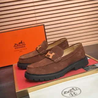 Hermès Oran বাদামী কালো সুয়েড উপর H-Logo চামড়া বাকল লোফার