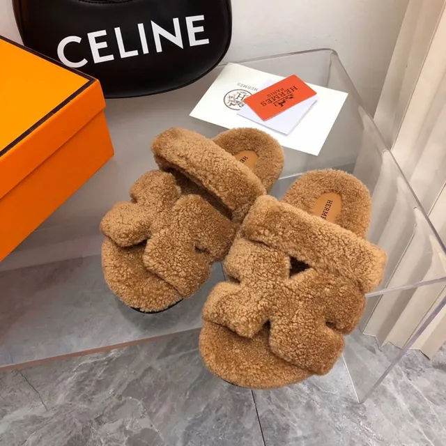 Hermès Oran Brown Fluffy Shearling Wide Strap Slippers 6