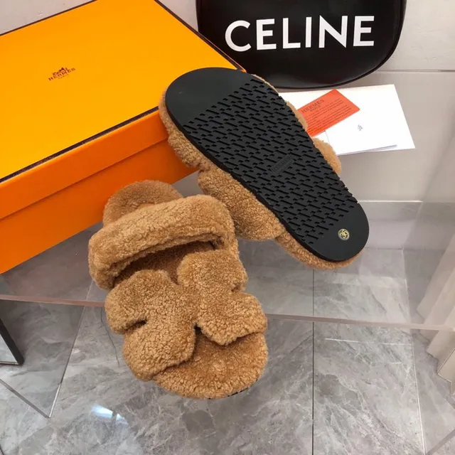 Hermès Oran Brown Fluffy Shearling Wide Strap Slippers 8