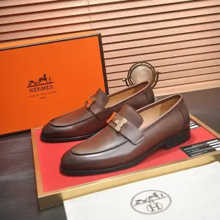 Hermès Oran 棕色皮革 H-Buckle 乐福鞋