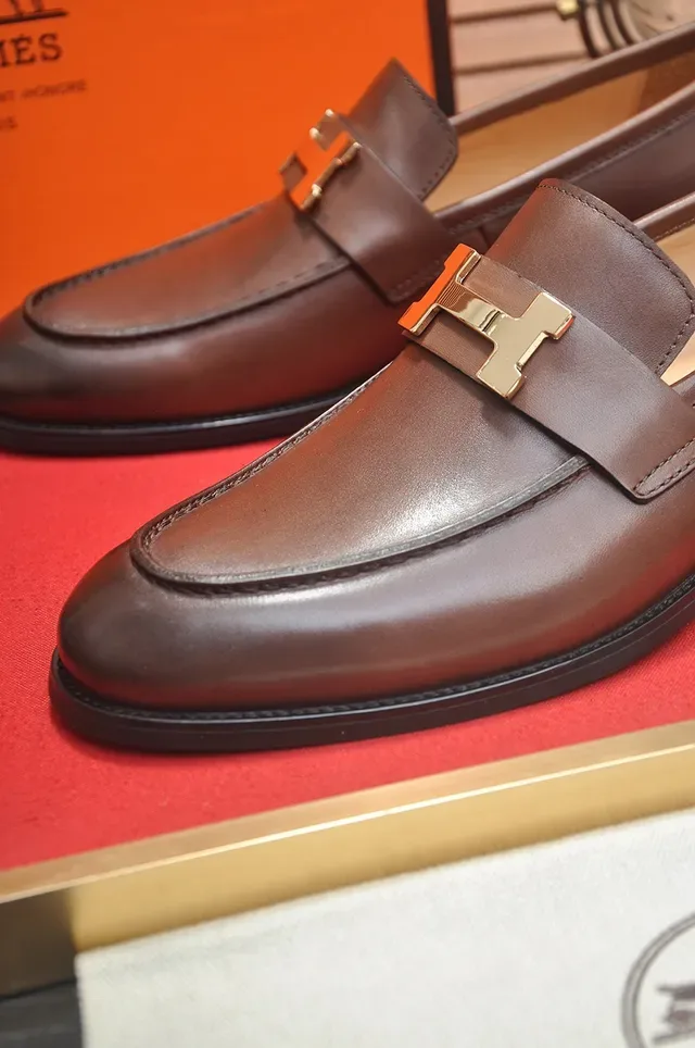 Hermès Oran Brown Leather H-Buckle Loafers 2