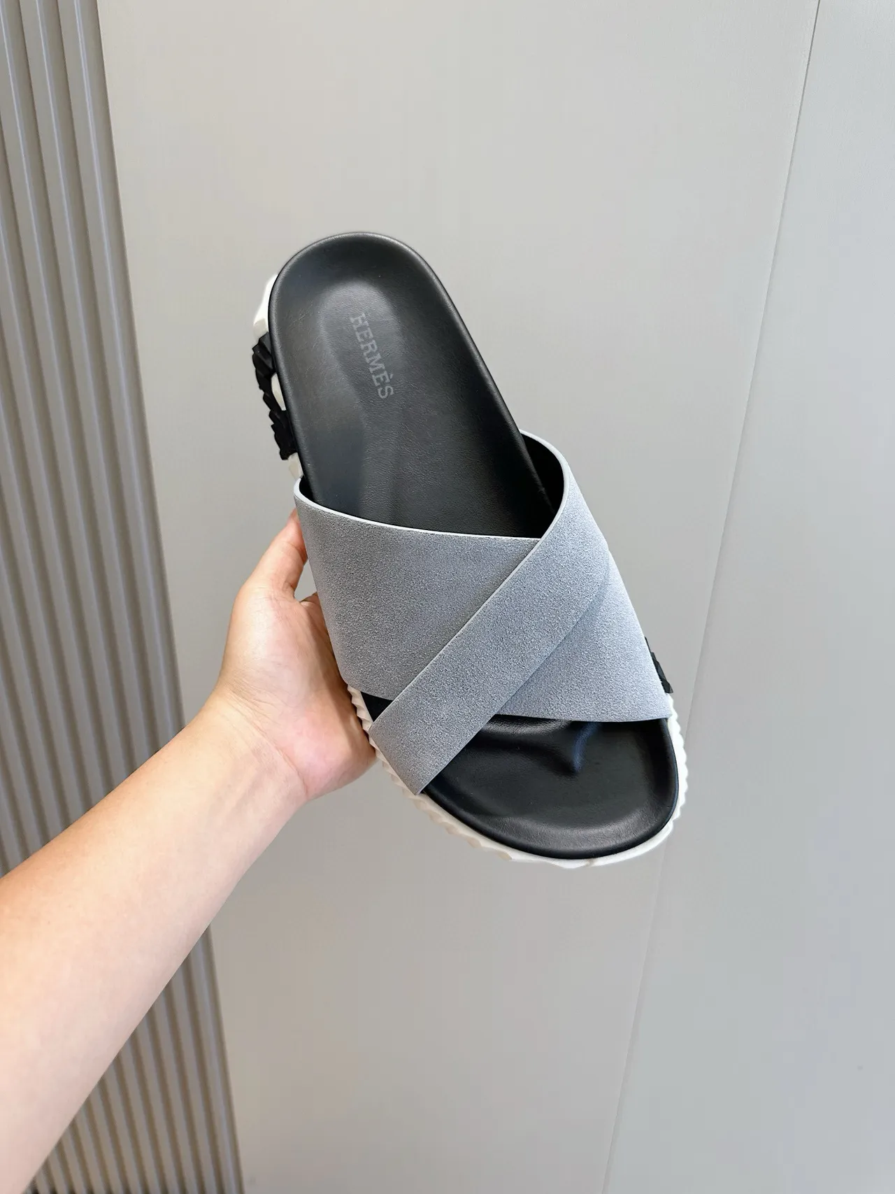 Hermès Oran Gray Black Cross-Strap Suede-Textured Slippers 4