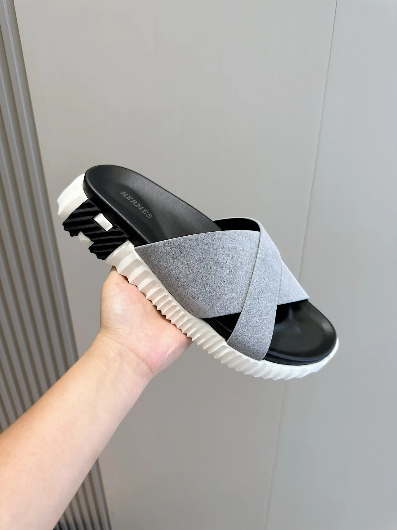 Hermès Oran Gray Black Cross-Strap Suede-Textured Slippers 5
