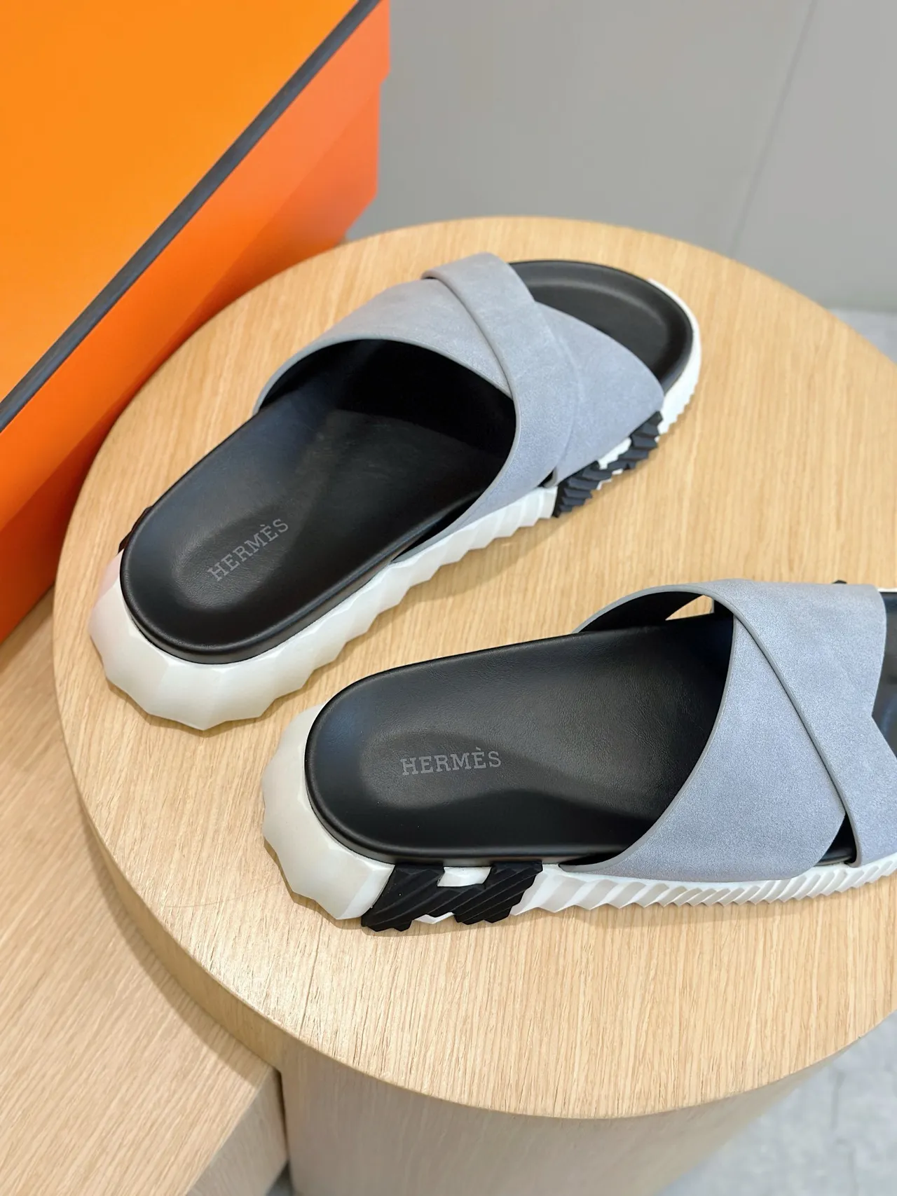 Hermès Oran Gray Black Cross-Strap Suede-Textured Slippers 6