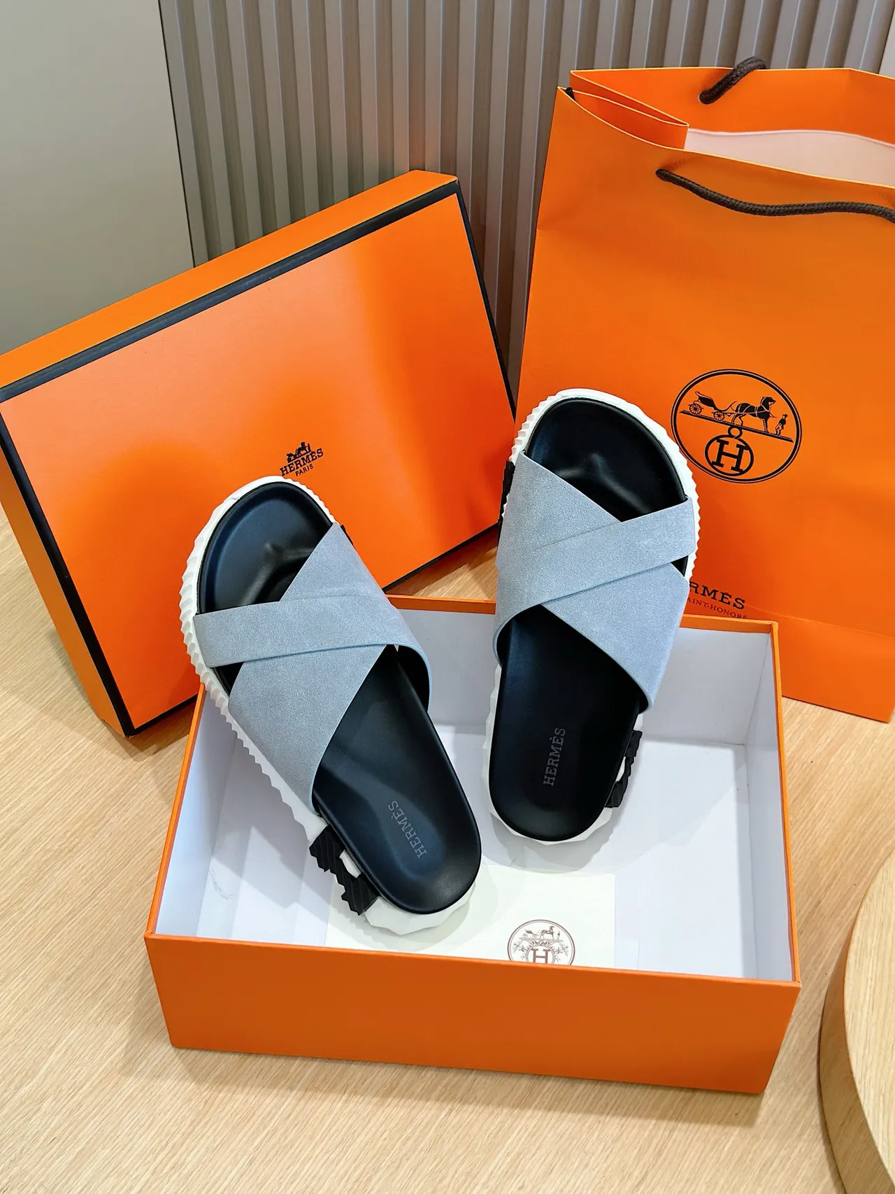 Hermès Oran Gray Black Cross-Strap Suede-Textured Slippers 8