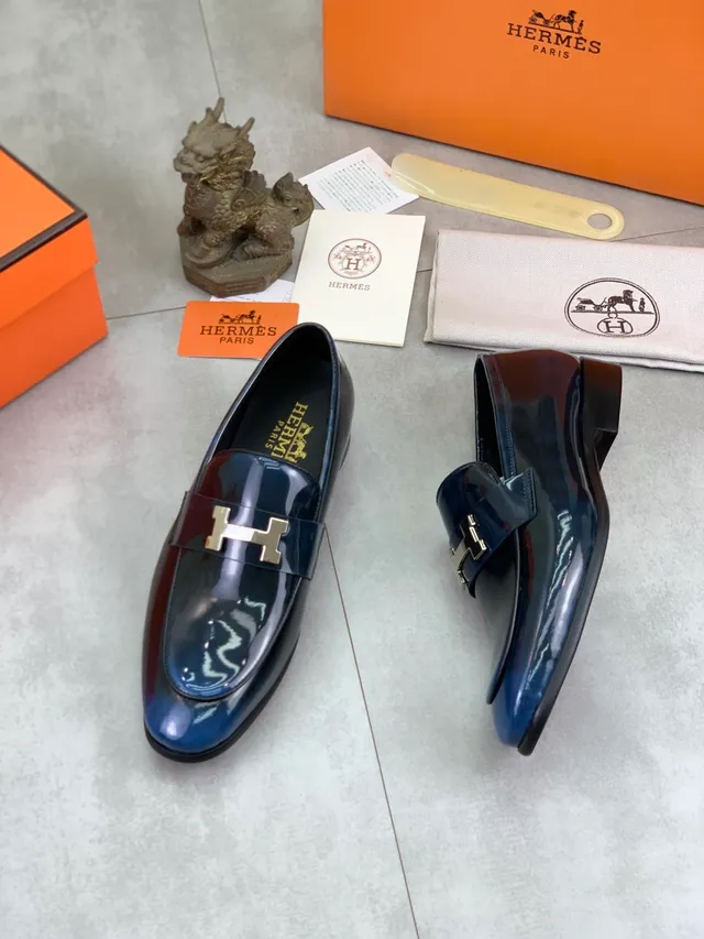 Hermès Oran लोफर أزرق بحري جلد لامع H-Buckle مُوحِّد لوفر 5