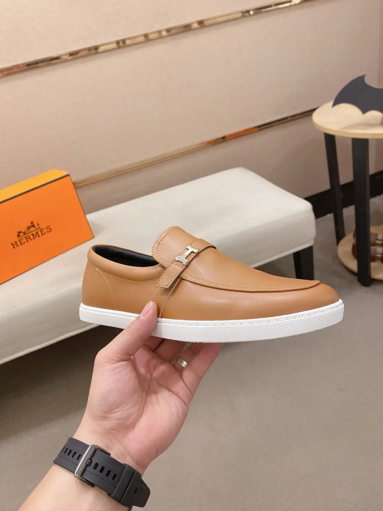 Hermès Oran Loafer Tan Leather H-Buckle Slip-On Loafers 4