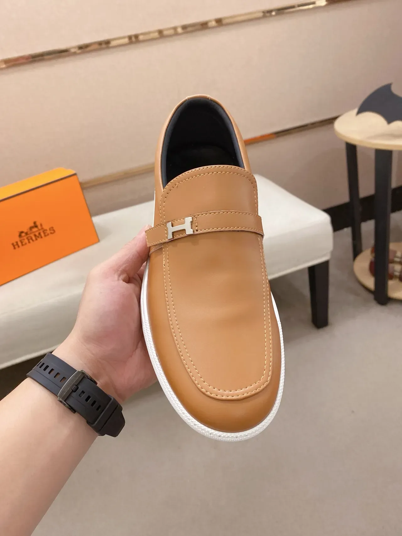 Hermès Oran Loafer Tan Leather H-Buckle Slip-On Loafers 5