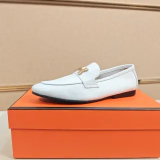 Hermès Oran Loafer White Leather Gold Buckle Loafer