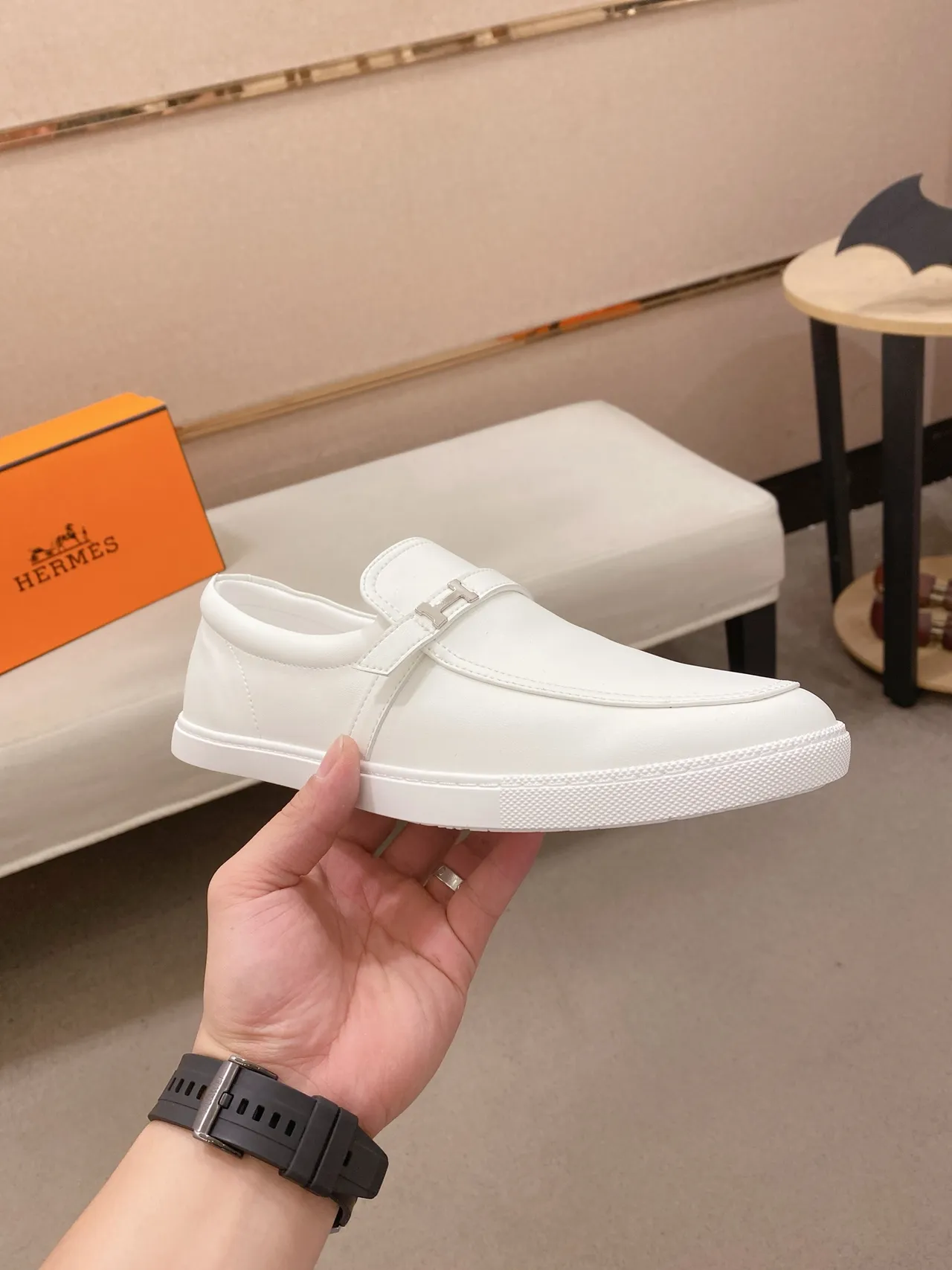 Hermès Oran Loafer loafer de cuero blanco slip-on 4