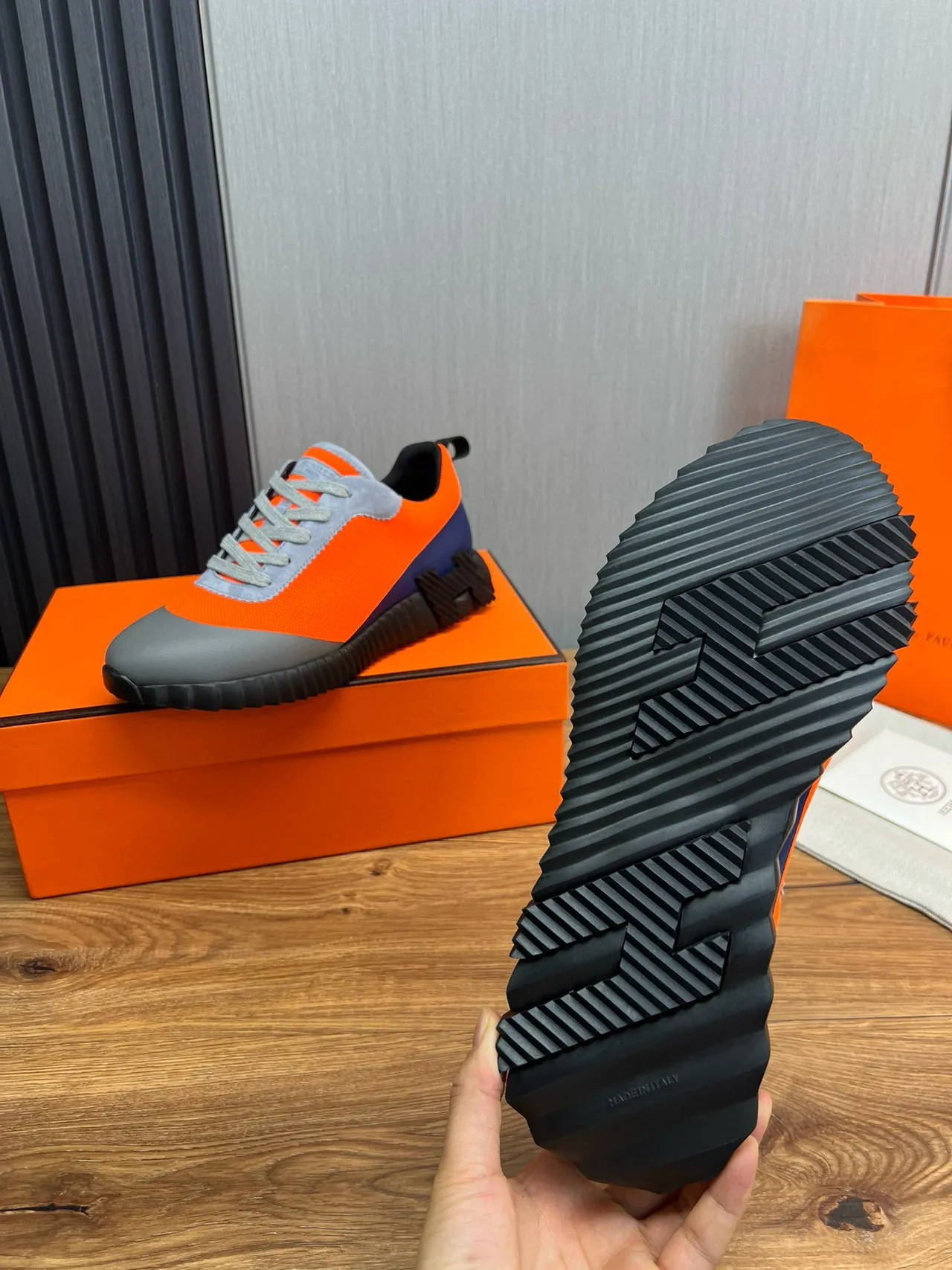 Hermès Oran Chaussures Chunky Orange Gris Noir 9