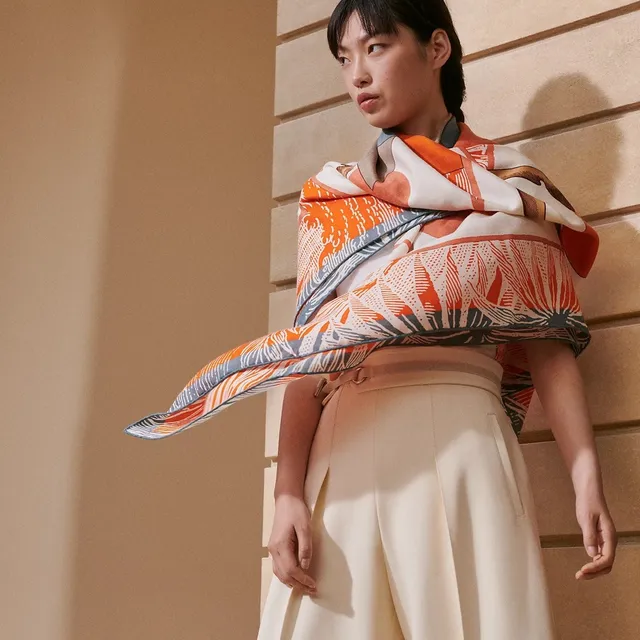 Hermès কমলা নীল বড় বর্গাকার সিলুয়েট গ্রাফিক প্রাণী মোটিফ রেশম স্কার্ফ 3
