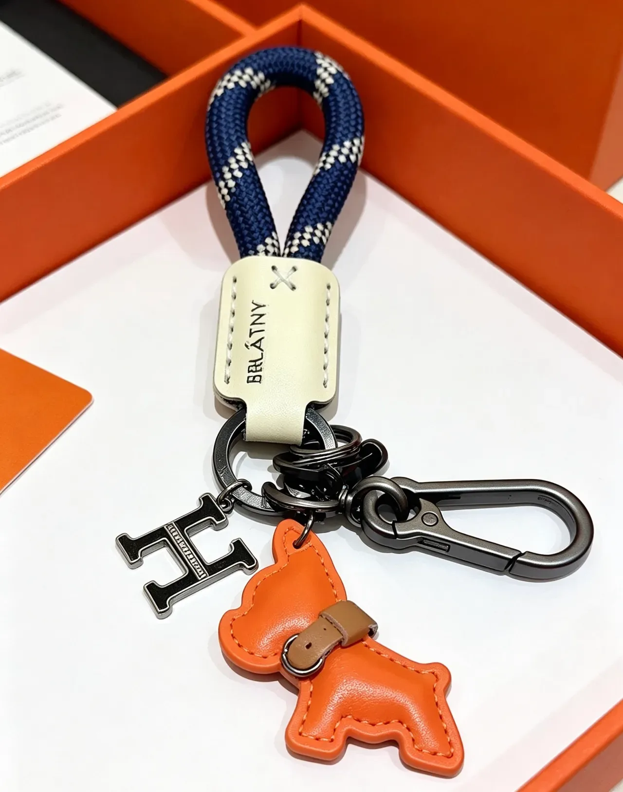 Hermès Orange Navy Rope-Loop Leather-Charm Phone Case 4