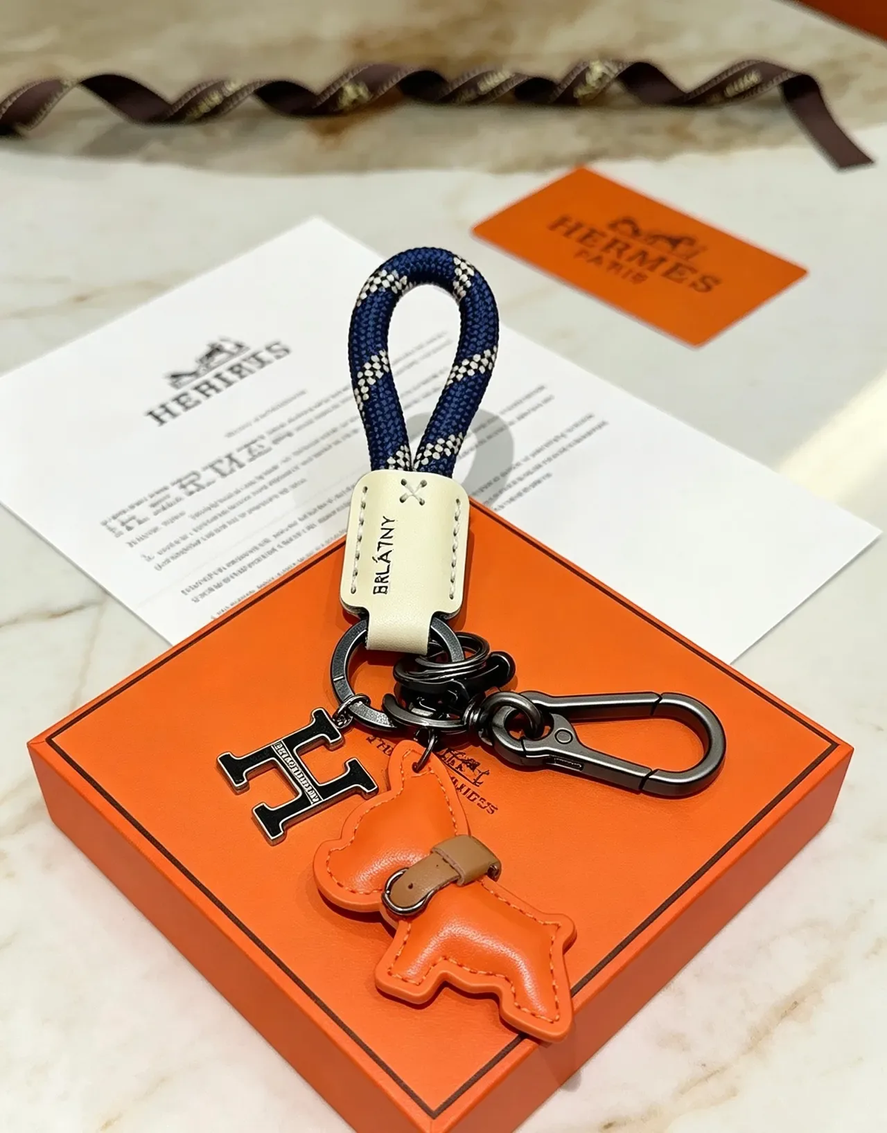 Hermès Orange Navy Rope-Loop Leather-Charm Phone Case 6