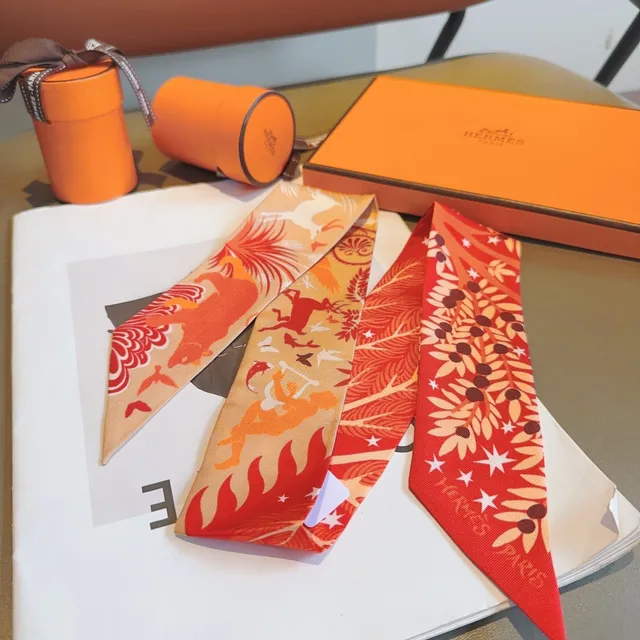 Hermès Printed Red Orange and Cream Silk Scarf 6