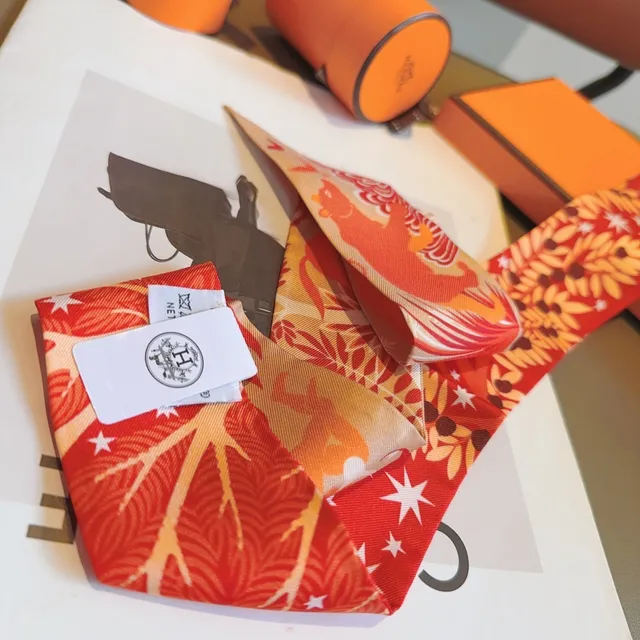 Hermès Printed Red Orange and Cream Silk Scarf 7