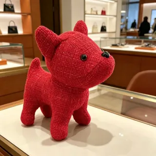 Hermès Red Black Tweed-Textured Plush Dog Figurine Handbag