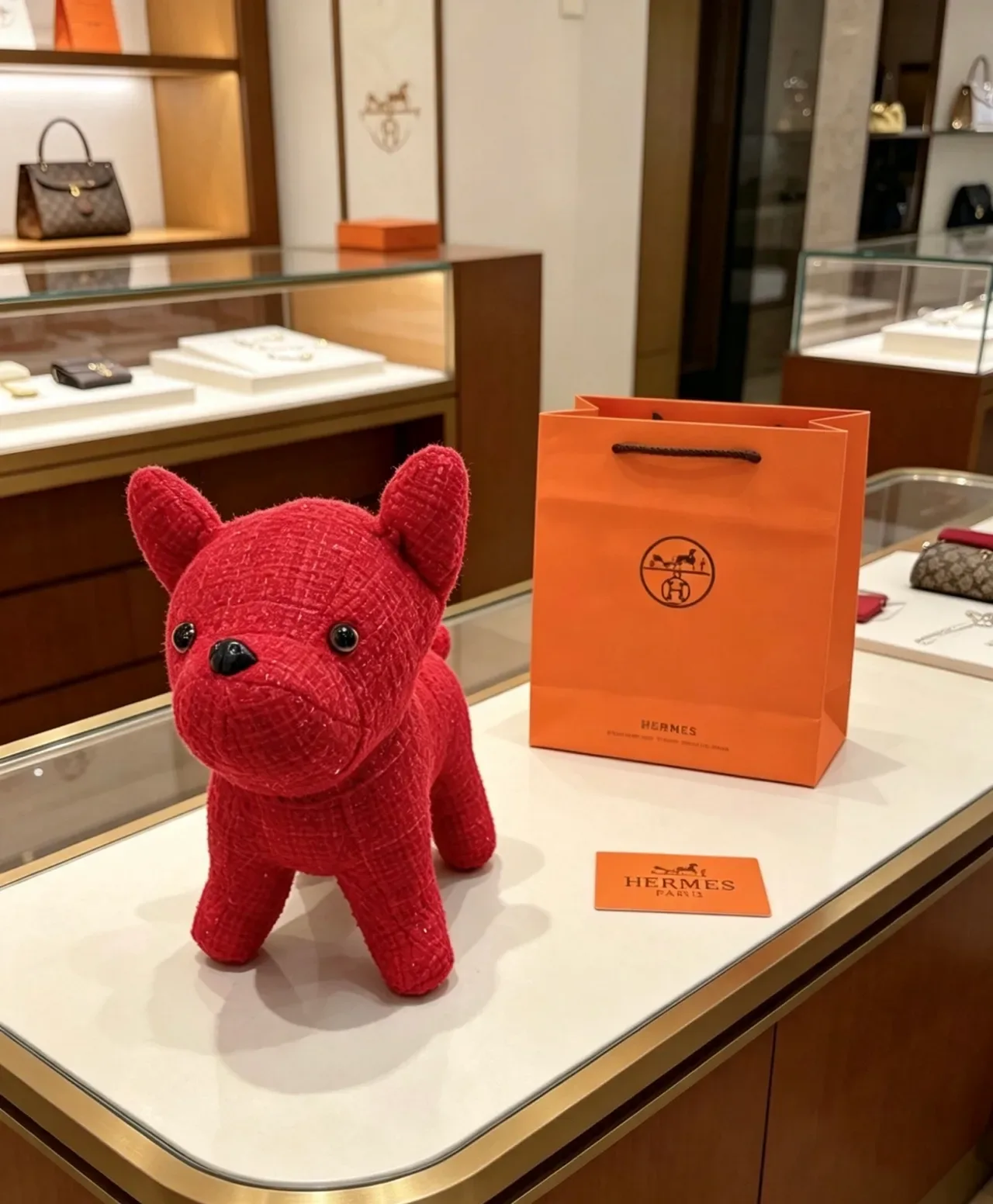 حقيبة Hermès تمثال كلب ناعم أحمر وأسود من نسيج تودي 5