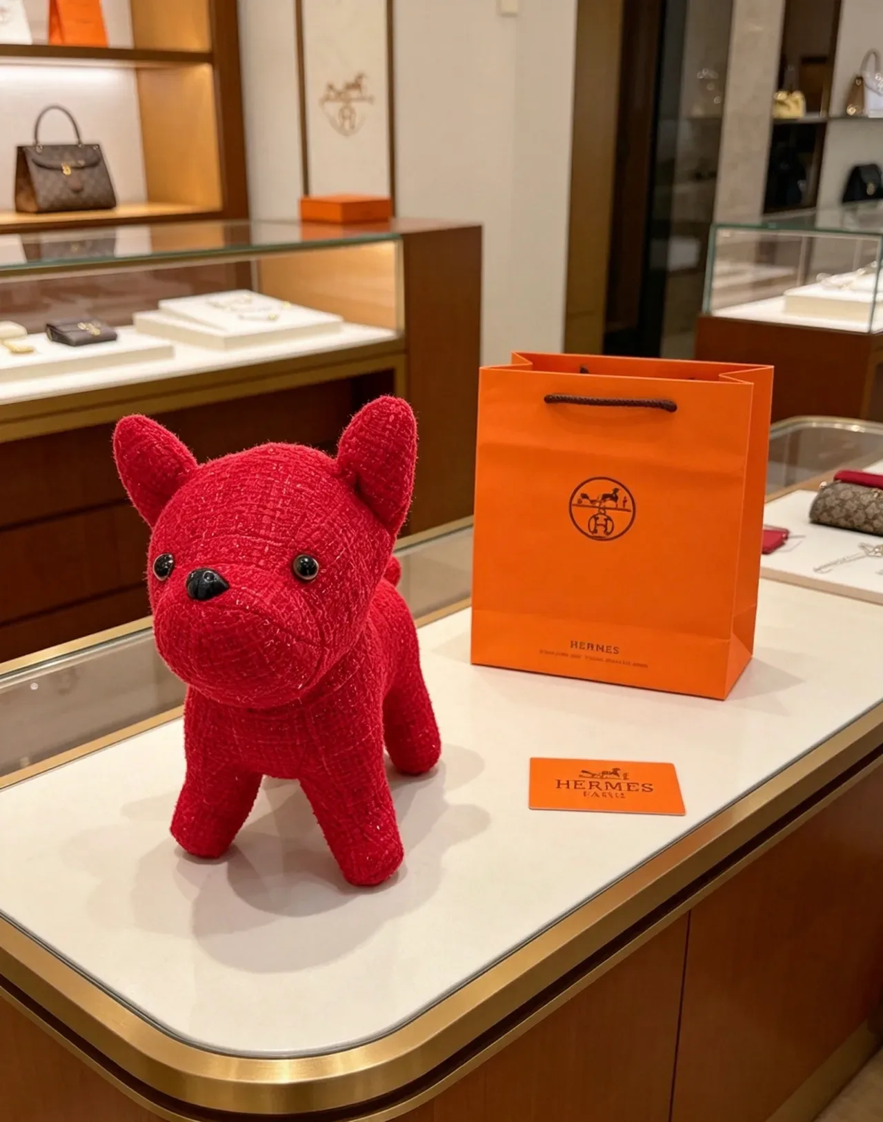 حقيبة Hermès تمثال كلب ناعم أحمر وأسود من نسيج تودي 8
