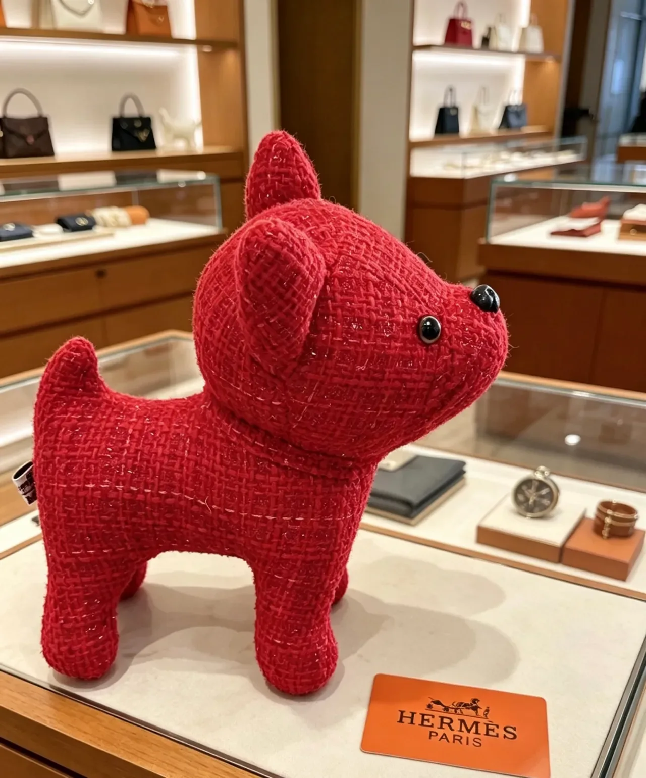 حقيبة Hermès تمثال كلب ناعم أحمر وأسود من نسيج تودي 9